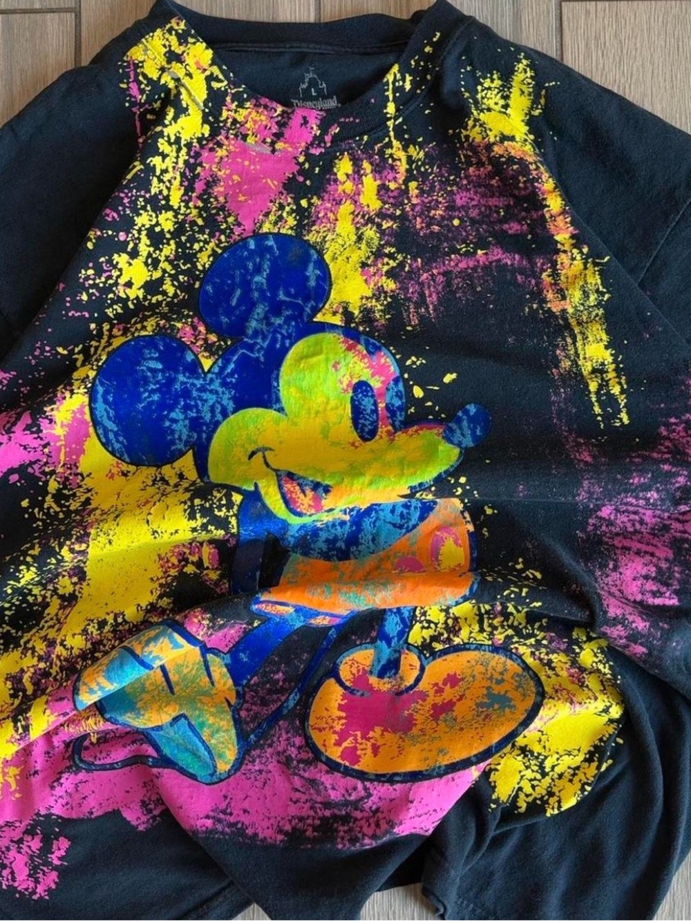 Disney Black Short Sleeve Shirt with Neon Mickey Paint-Splash